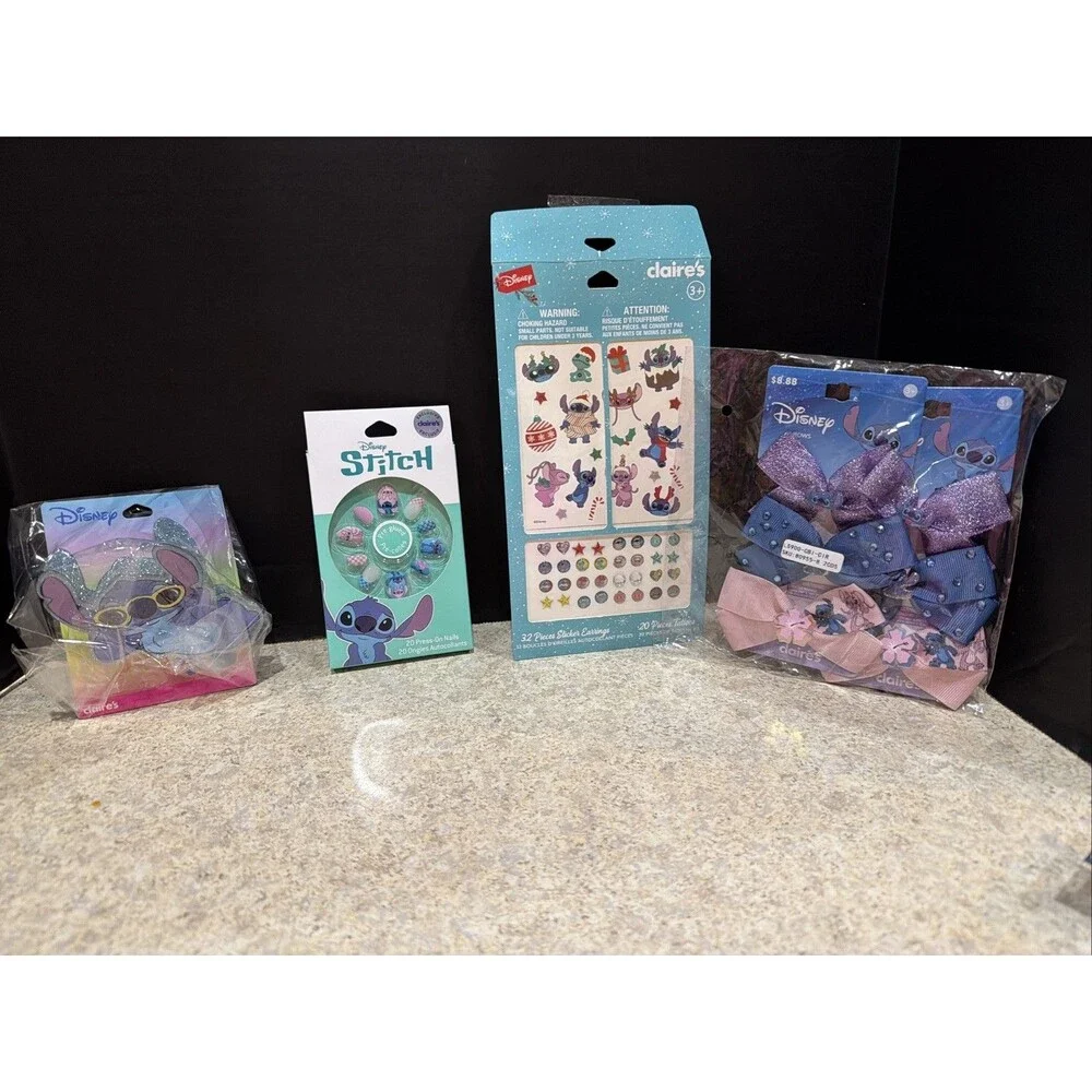 Stitch Claire's beauty pack- nails, hair clip, earring stickers, and bows